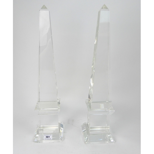 581 - A PAIR OF CUT CRYSTAL OBELISKS