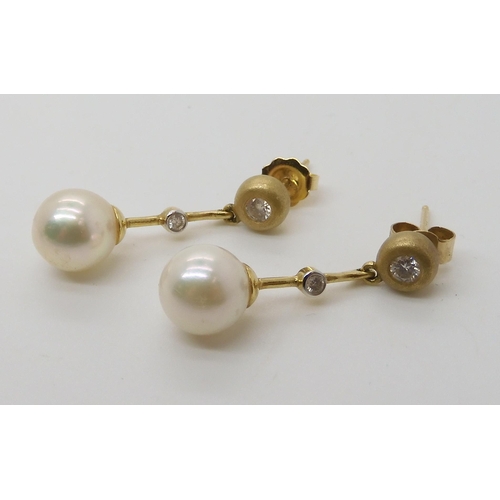 625 - A PAIR OF 18CT GOLD PEARL AND DIAMOND DROP EARRINGS