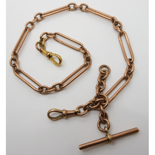 631 - A 9CT ROSE GOLD FOB CHAIN WITH 'T' BAR  AND TWO CLASPS