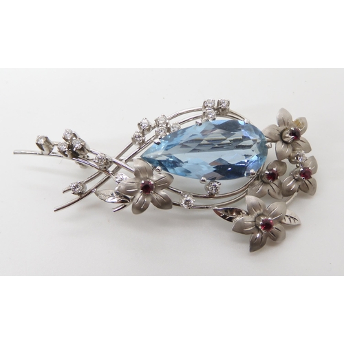 704 - AN 18CT WHITE GOLD AQUAMARINE  DIAMOND AND RUBY BROOCH