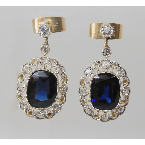 721 - A PAIR OF SAPPHIRE AND DIAMOND DROP EARRINGS