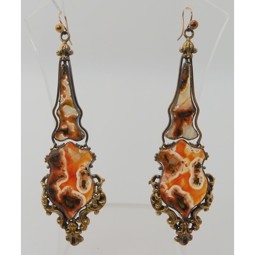 722 - A PAIR OF VICTORIAN AGATE SLICE STATEMENT EARRINGS