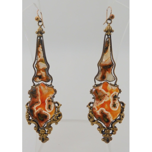 722 - A PAIR OF VICTORIAN AGATE SLICE STATEMENT EARRINGS