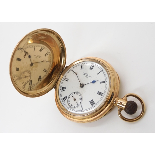 820A - A 9CT GOLD WALTHAM FULL HUNTER POCKET WATCH