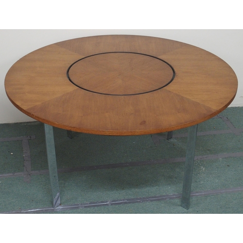 127A - A MERROW ASSOCIATES TEAK CIRCULAR TABLE ON STEEL LEGS WITH INTEGRAL LAZY SUSAN