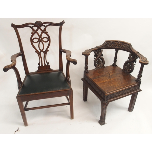 63 - A VICTORIAN OAK CORNER ARMCHAIR