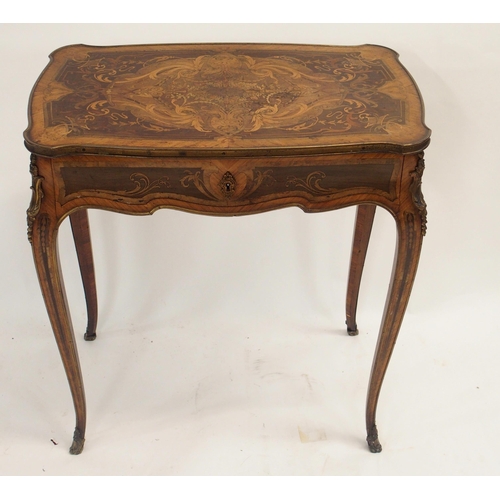 65 - A FRENCH WALNUT AND KINGWOOD MARQUETRY AND GILT METAL MOUNTED SEWING TABLE