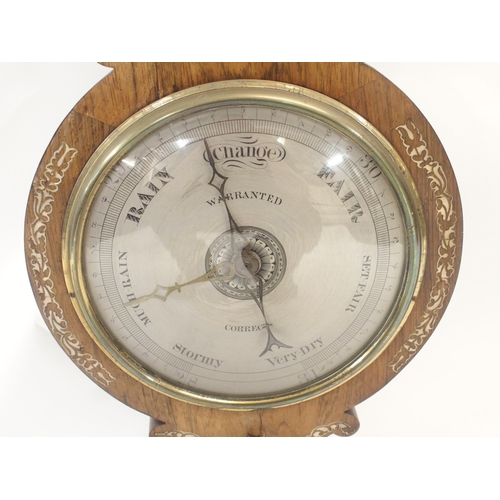 7 - A VICTORIAN ROSEWOOD WHEEL BAROMETER AND THERMOMETER