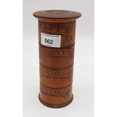 562 - A 19th century  treen sycamore spice tower, the sections Mace, Cloves, Nutmeg, Cinnamon