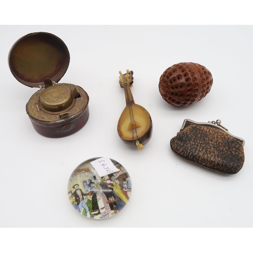 568 - A sarcophagus tea caddy, leather bound travel ink well, lead communion token, glass paper weight etc