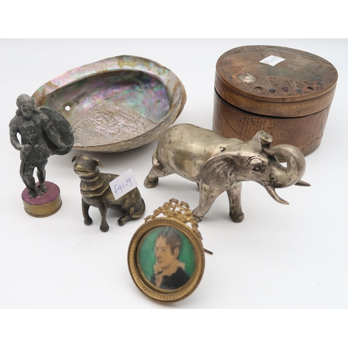 574 - A tray lot comprising animal figurines, cigarette box, various miniature daguerreotypes etc