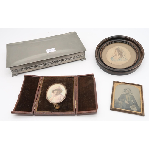 574 - A tray lot comprising animal figurines, cigarette box, various miniature daguerreotypes etc