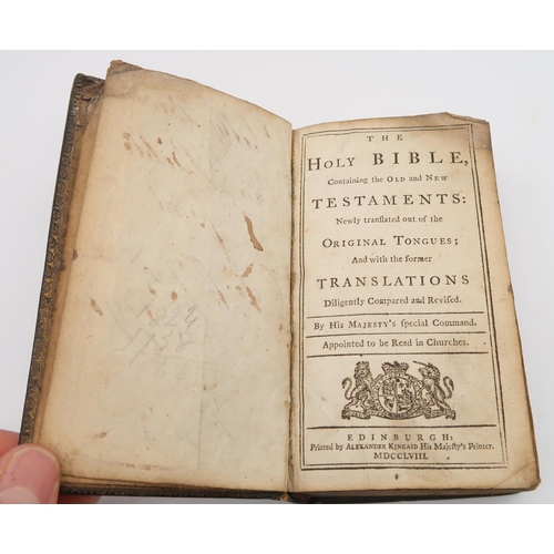 582A - A bible printed by Alexander Kincaid, Edinburgh 1758 with inscription dated 1791, Scottish herringbo... 