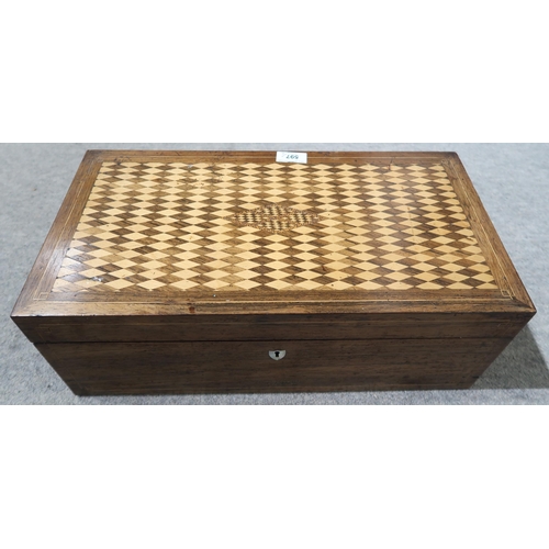 597 - A VICTORIAN ROSEWOOD MARQUETRY WRITING SLOPE and a Victorian rosewood tea caddy (2)... 