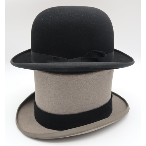 605 - GREY TOP HAT Dormie, 6 7/8 size, Bates black bowler hat, 6 5/8 size and two pairs of Grenson tan lea... 