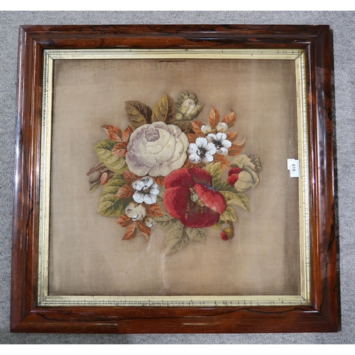 610 - VICTORIAN CUSHION AND BEADWORK FLORAL PANEL and a Carte des Vins mirror (2)