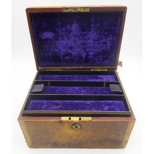 619A - A Victorian tooled leather jewellery box by Carlisle & Watts, Edinburgh, with velvet-lined fitte... 