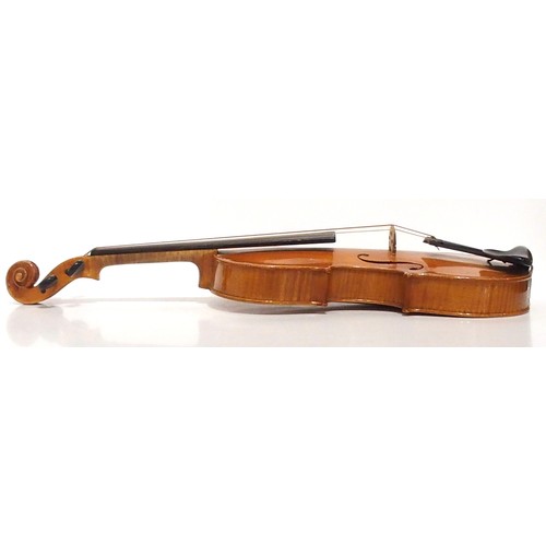 555 - A Conservatory London violin, two piece back 35.5cm with bow and case