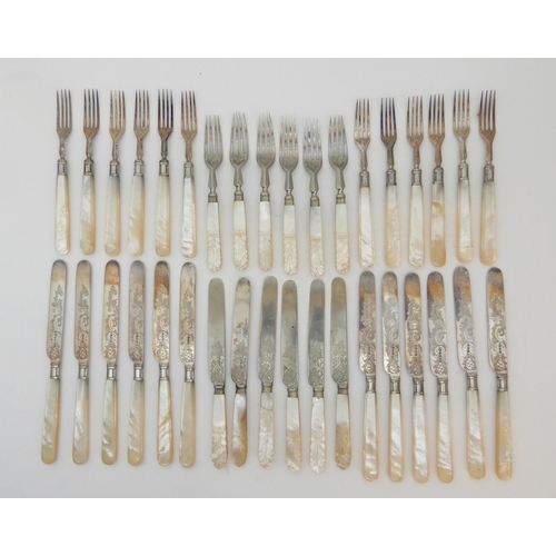 130 - A TWENTY FOUR PIECE SILVER AND MOTHER OF PEARL DESSERT CUTLERY SET