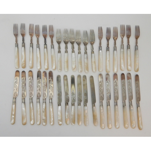 130 - A TWENTY FOUR PIECE SILVER AND MOTHER OF PEARL DESSERT CUTLERY SET