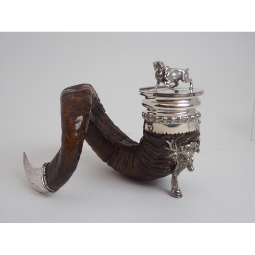 156 - A RAM'S HORN AND SILVER PLATE MOUNTED CENTREPIECE SNUFF MULL