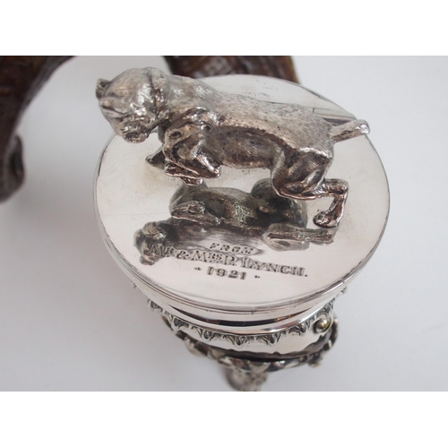 156 - A RAM'S HORN AND SILVER PLATE MOUNTED CENTREPIECE SNUFF MULL