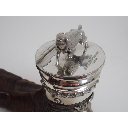 156 - A RAM'S HORN AND SILVER PLATE MOUNTED CENTREPIECE SNUFF MULL