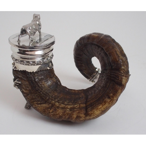 156 - A RAM'S HORN AND SILVER PLATE MOUNTED CENTREPIECE SNUFF MULL