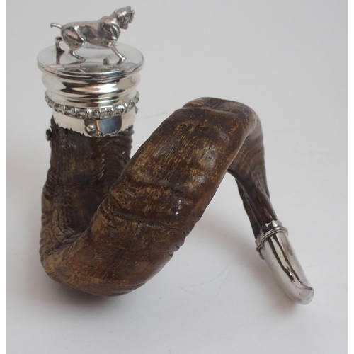 156 - A RAM'S HORN AND SILVER PLATE MOUNTED CENTREPIECE SNUFF MULL