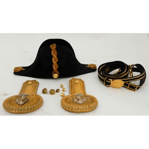 178 - A BRITISH ROYAL NAVY BICORN HAT WITH A PAIR OF EPAULETTES