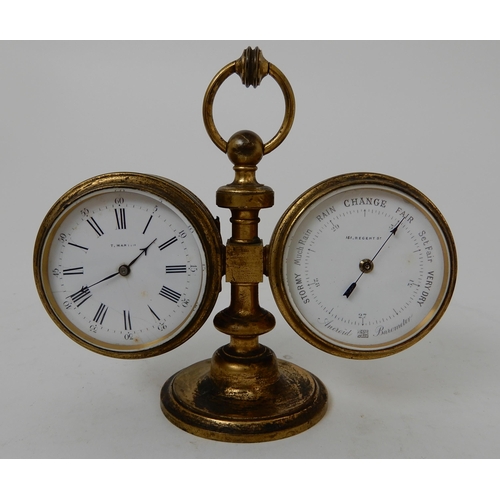 423 - A 19TH CENTURY TRAVELLING CLOCK/BAROMETER AND THERMOMETER