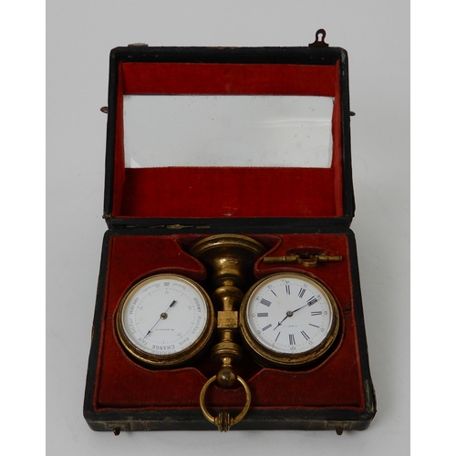 423 - A 19TH CENTURY TRAVELLING CLOCK/BAROMETER AND THERMOMETER