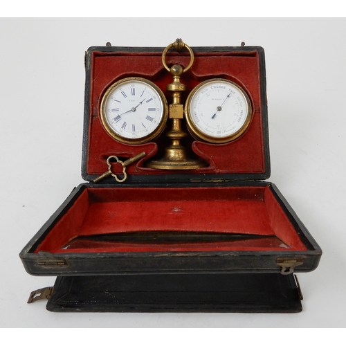 423 - A 19TH CENTURY TRAVELLING CLOCK/BAROMETER AND THERMOMETER