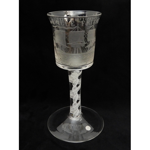 432 - A 20TH CENTURY 'PRIVATEER' ENGRAVED WINE GLASS