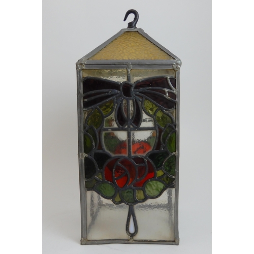 456 - A LEADED AND STAINED GLASS HALL LIGHT