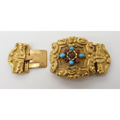 564 - A BRIGHT YELLOW METAL CLASP SET WITH TURQUOISE AND RED GEMS