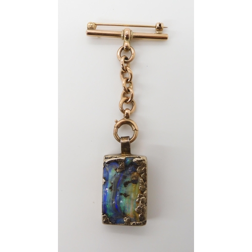 568 - A 9CT FOB BROOCH WITH A OPAL MATRIX PENDANT