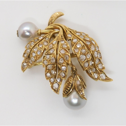 586 - A BRIGHT YELLOW METAL PEARL AND DIAMOND BROOCH