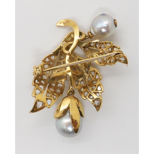 586 - A BRIGHT YELLOW METAL PEARL AND DIAMOND BROOCH