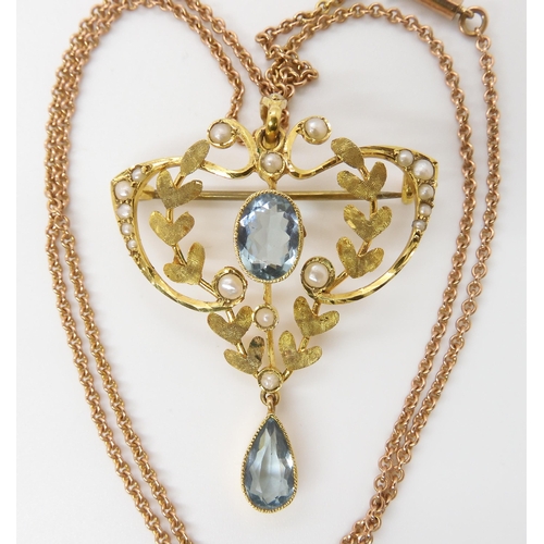 620 - A 9CT GOLD EDWARDIAN AQUAMARINE AND PEARL PENDANT BROOCH