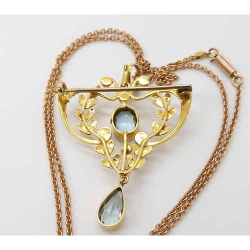 620 - A 9CT GOLD EDWARDIAN AQUAMARINE AND PEARL PENDANT BROOCH