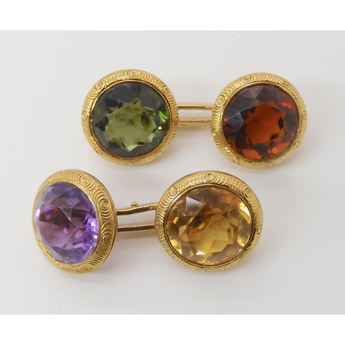 633 - A PAIR OF 14K GOLD TUTTI FRUITI CUFFLINKS