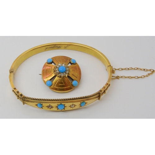 660 - A 9CT GOLD TURQUOISE AND DIAMOND BANGLE AND BROOCH