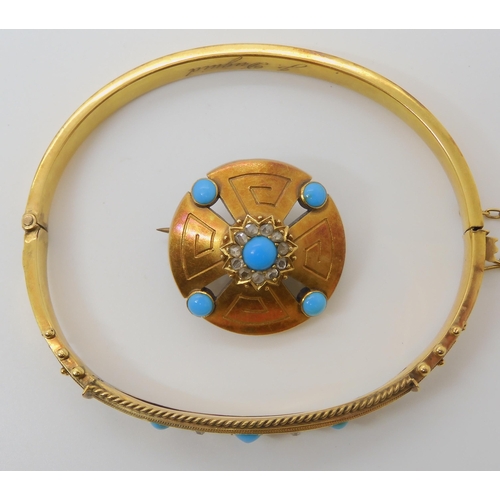 660 - A 9CT GOLD TURQUOISE AND DIAMOND BANGLE AND BROOCH