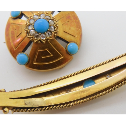 660 - A 9CT GOLD TURQUOISE AND DIAMOND BANGLE AND BROOCH