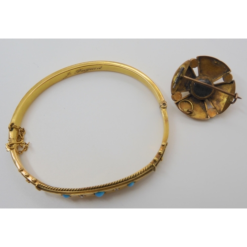 660 - A 9CT GOLD TURQUOISE AND DIAMOND BANGLE AND BROOCH