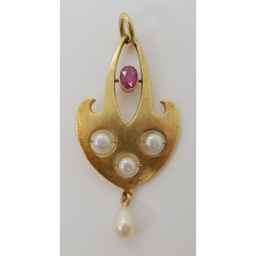 671 - A CONTINENTAL 14K ART NOUVEAU RUBY AND PEARL PENDANT