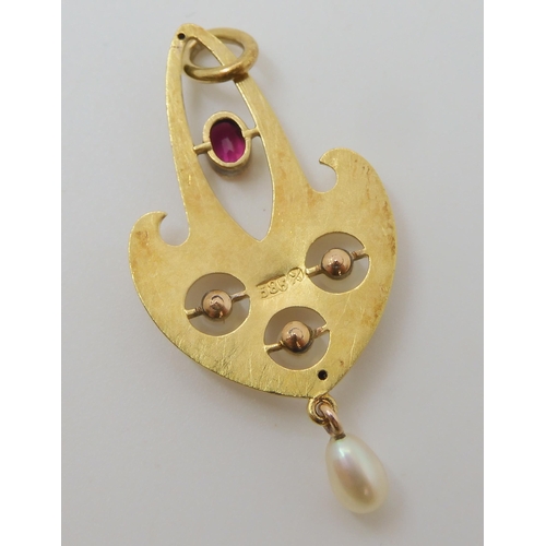 671 - A CONTINENTAL 14K ART NOUVEAU RUBY AND PEARL PENDANT