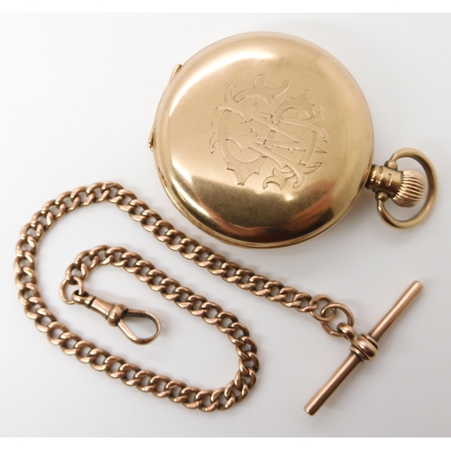 713 - A 9CT GOLD OMEGA FULL HUNTER POCKET WATCH AND CHAIN