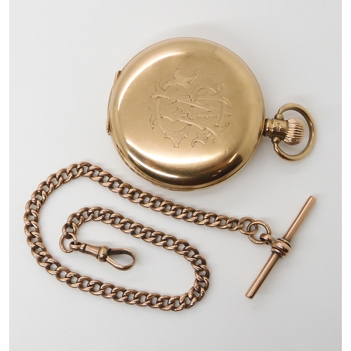 713 - A 9CT GOLD OMEGA FULL HUNTER POCKET WATCH AND CHAIN